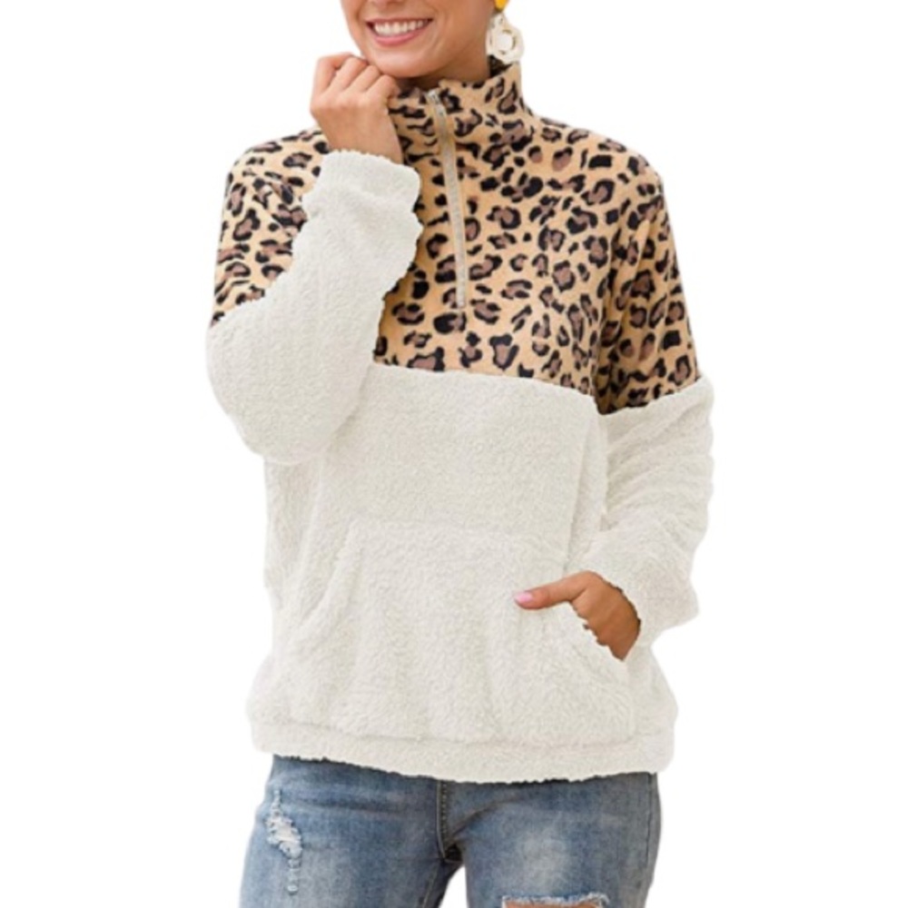 White brown leopard print fleece quarter zip pullover sweater size small